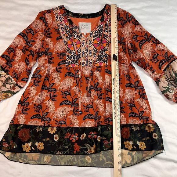 John Mark Blouse Size S Orange Artsy Boho Floral Mixed Print Tunic Top Flowy EUC - Picture 7 of 13